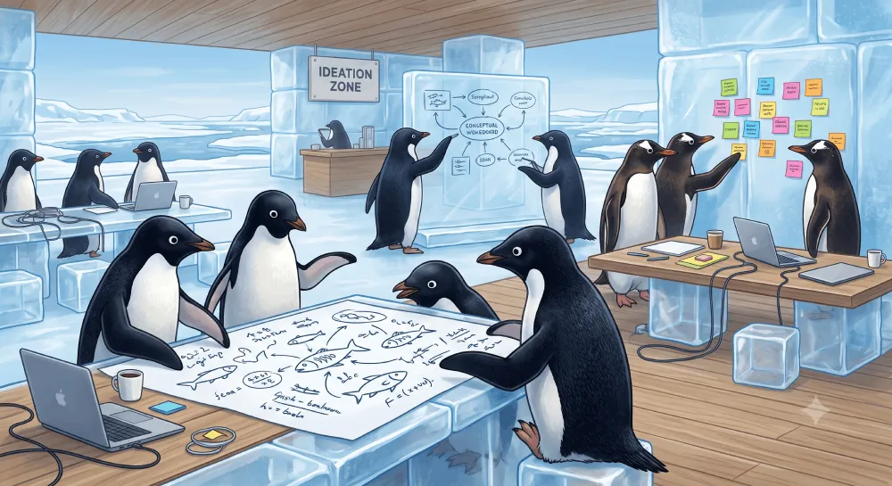 Pingouins présentant des innovations lors d'une conférence