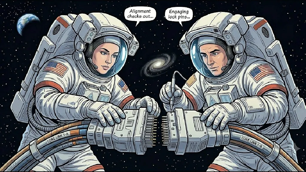Astronauten verbinden im All zwei Datenkabel