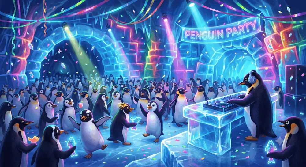 Pingüinos celebrando juntos en un evento comunitario