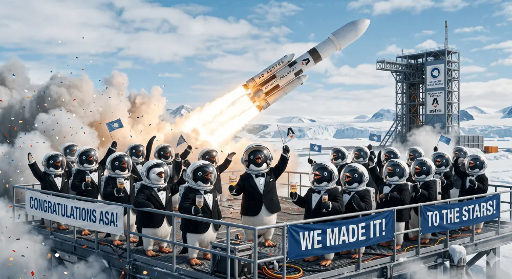 Pingüinos celebrando el lanzamiento de su último cohete